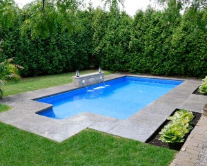 Square shaped swimming pool with tall trees