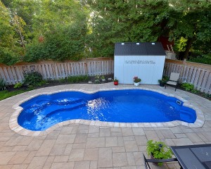 Vinyl lined inground pool with patio area