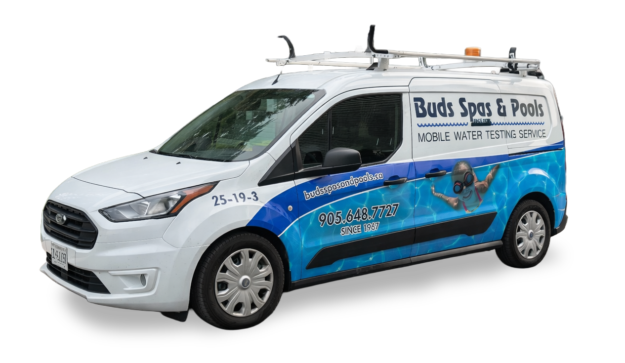 A white van with Buds logo and water testing on the side