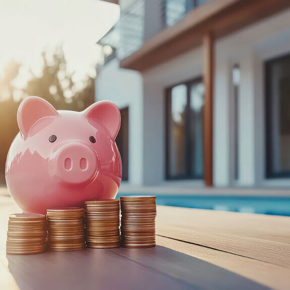 Piggy bank on coins, modern house, poolside savings, home equity